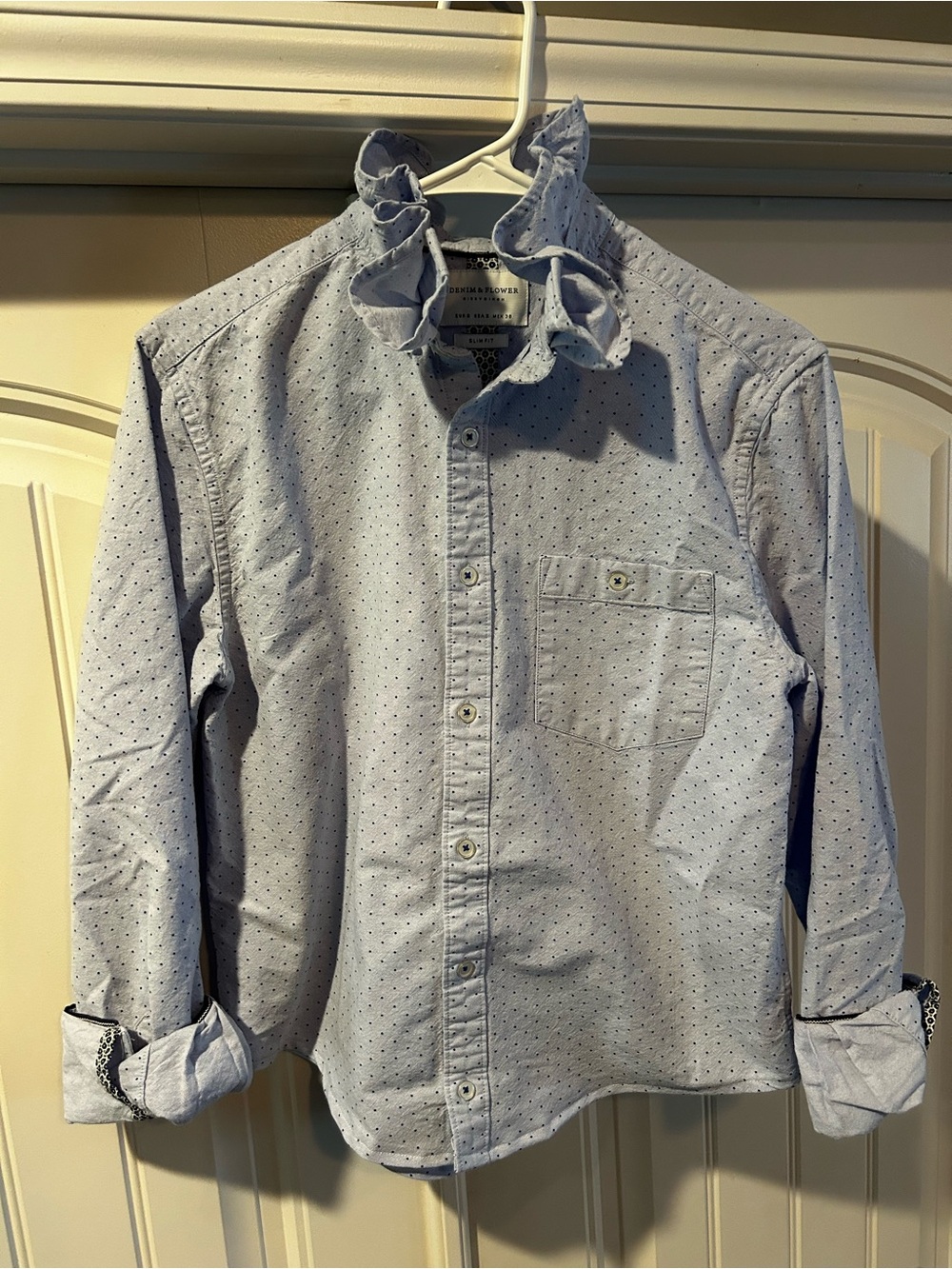 Denim & Flower Light Blue Button-Down Shirt w/ Micro Dot Print Ruffle Collar